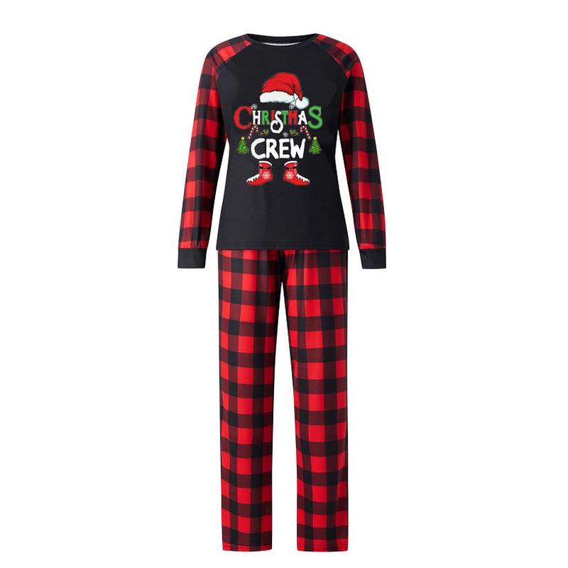 Family Matching Christmas Pajamas, Baby Romper Letter Christmas Hat Print Long Sleeve Tops + Plaid Pants Sleepwear Set