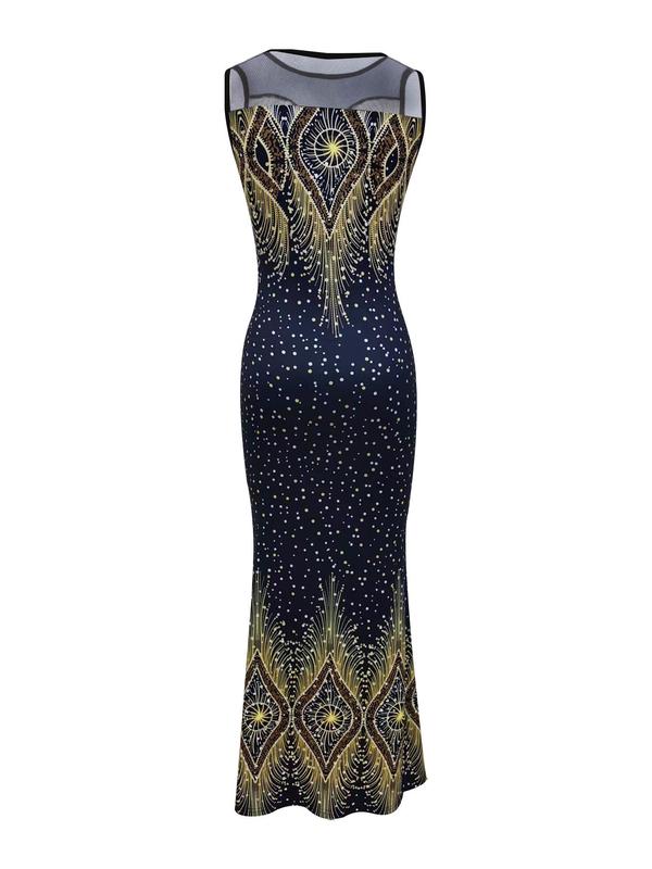 Women's All Over Print Contrast Mesh Mermaid Dress, Elegant Sleeveless Round Neck Tank Dress, Summer Clothes Women For Party Evening Formal Occasions