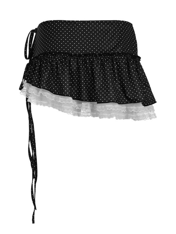 Women's Polka Dot Print Contrast Lace Drawstring A Line Skirt, Asymmetrical Hem Mini Skirt for Summer, Fashion Women's Skirt for Beach Holiday