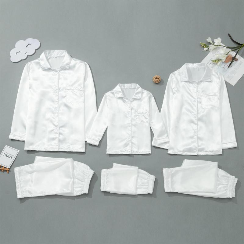 Satin Silk Family Matching Pajama Suits Christmas Sleepwear 2 Piece Set Solid Color Button Lapel Long Sleeve Shirts+Casual Pants happy christmas Womenswear