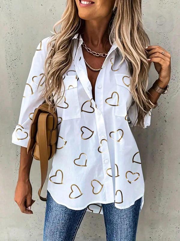 Women's Heart Print Button Front High Low Hem Shirt, Casual Long Sleeve Collared Pocket Top for Daily Wear, Ladies Clothes for All Seasons