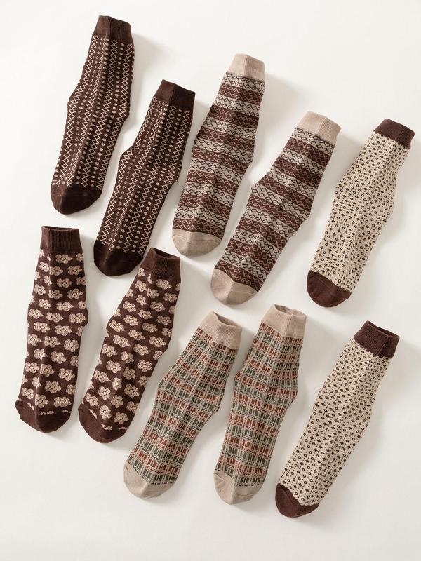 Women's Polka Dot & Plaid Print Mid-calf Socks, Casual Comfy Breathable Socks for Fall & Winter, Women's Socks for Daily Wear