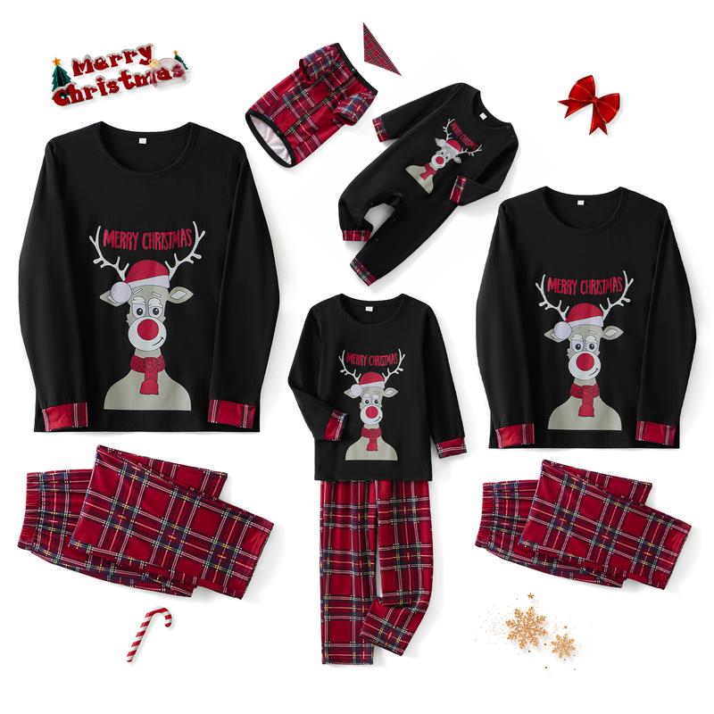 2025 Family Matching Christmas Pajamas, Baby Romper Dog Clothes Deer Print Tops and Plaid Pants Sleepwear Set