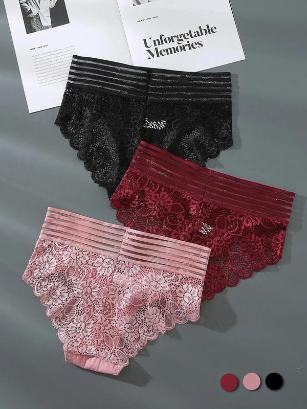 Women's 3pcs Multicolor Plain Lace Panty, Lady Comfort Breathable Underwear, Women's Solid Color Lingerie, Women's Underpants