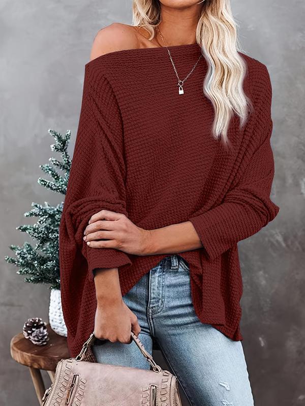 Women's Plain Batwing Sleeve Boat Neck Sweater, Casual Long Sleeve Jumper, Ladies Knit Going Out Tops for Daily Outdoor Wear