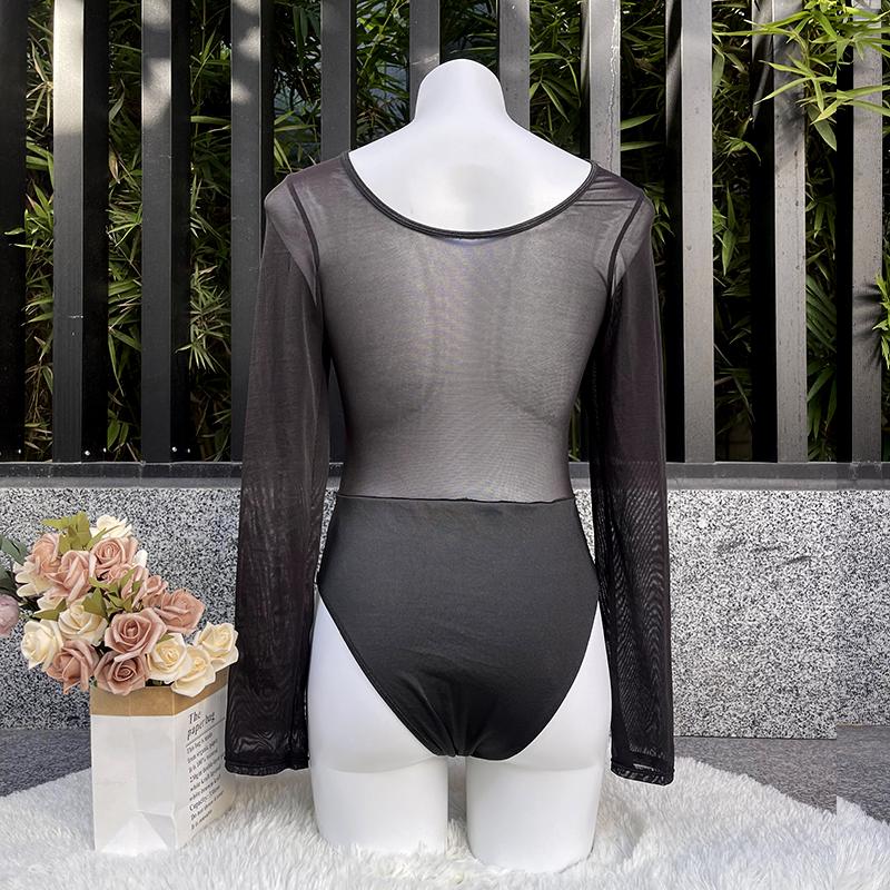 Women's Deep V Neck Pleated Ruched Sheer Puff Bodysuit Leotard Top Womenswear Comfort Basic Minimalist Short Skinny Slim Comfort Longsleeves