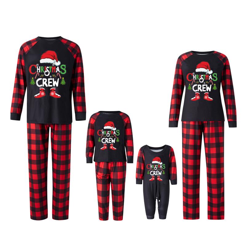 Family Matching Christmas Pajamas, Baby Romper Letter Christmas Hat Print Long Sleeve Tops + Plaid Pants Sleepwear Set