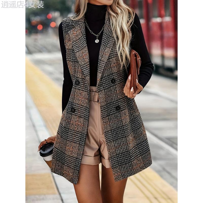 1pc Elegant Women'S Sleeveless Double-Breasted Vest, Solid Color Polyester Lapel Collar Outerwear, Button Detail Woven Spring Fall Fashion Fabric Womenswear Tops Comfort