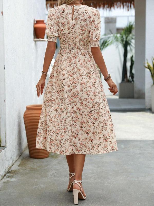 Women's Ditsy Floral Print Frill Trim Shirred Keyhole Back Puff Sleeve Dress, Boho Romantic Short Sleeve Round Neck A Line Midi Dress for Beach Vacation Holiday Wedding Guest, Ladies Summer Clothes