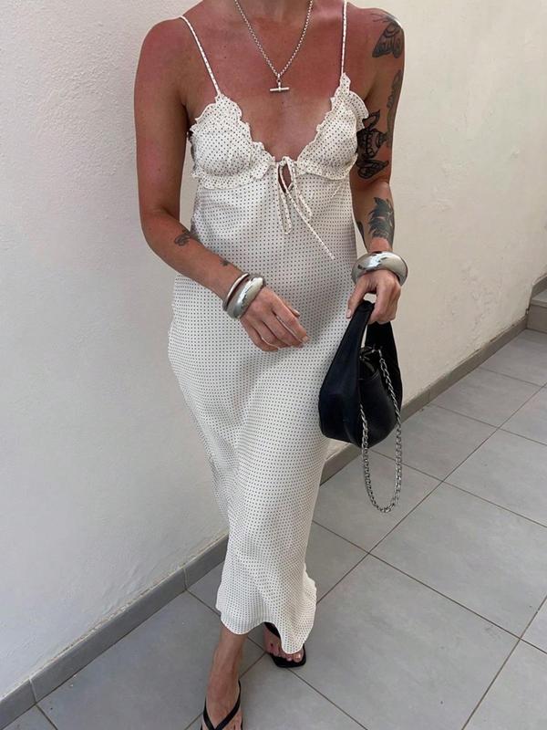 Women's Polka Dot Print Frill Trim Tie Front Cami Dress, Casual Adjustable Strap Zipper Back Midi Dress for Summer, Ladies Clothes for Beach Holiday