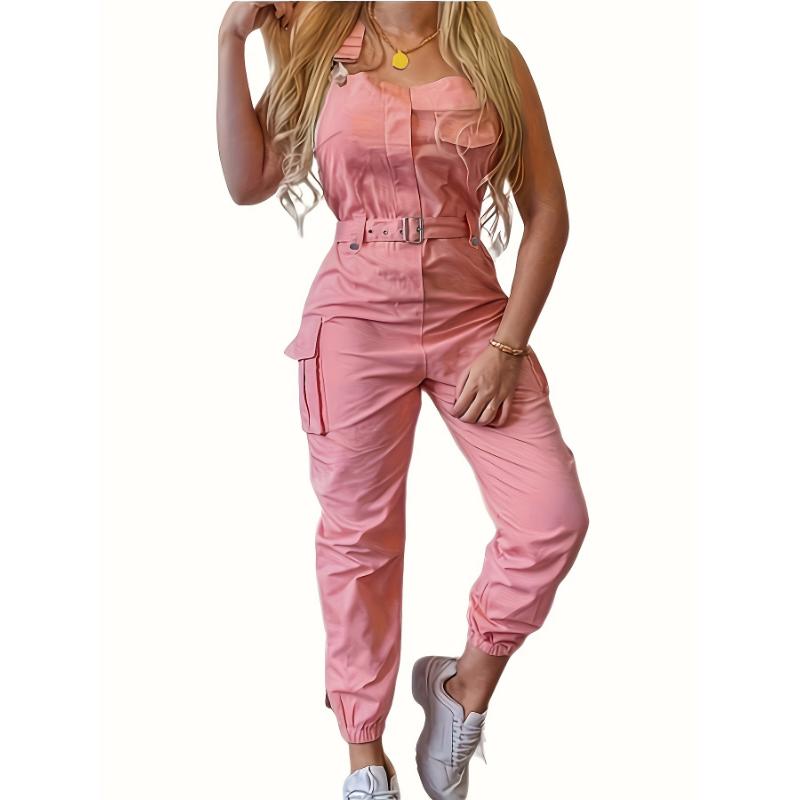 Dongdong shop Flap Pockets Belted Overall Jumpsuit, Casual Overall Jumpsuit For Spring & Summer, Women's Clothing