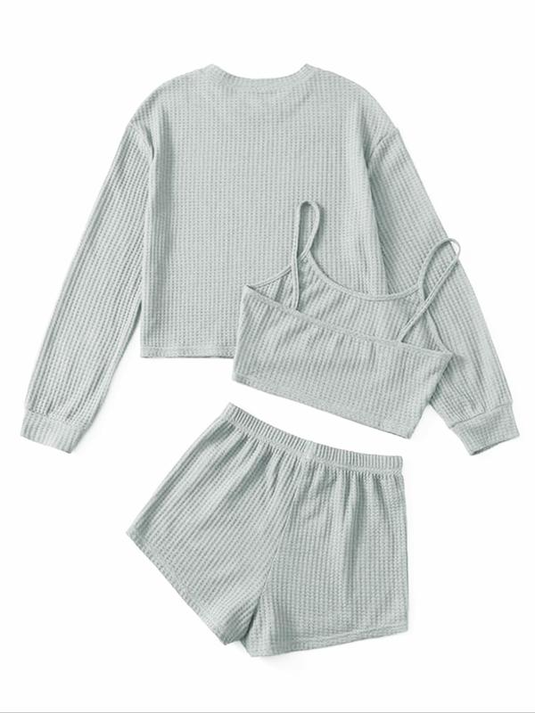 Women's Solid Ribbed Drop Shoulder Lounge Set, Casual Comfy Long Sleeve Top & & Cami Crop Top & Drawstring Waist Shorts Pajama Set, Ladies Sleepwear for All Seasons