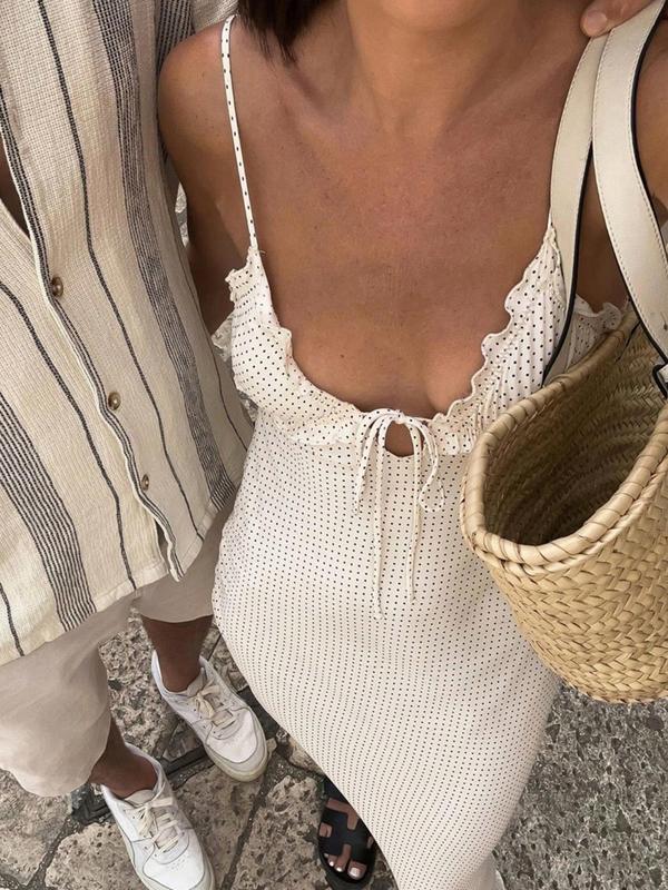 Women's Polka Dot Print Frill Trim Tie Front Cami Dress, Casual Adjustable Strap Zipper Back Midi Dress for Summer, Ladies Clothes for Beach Holiday