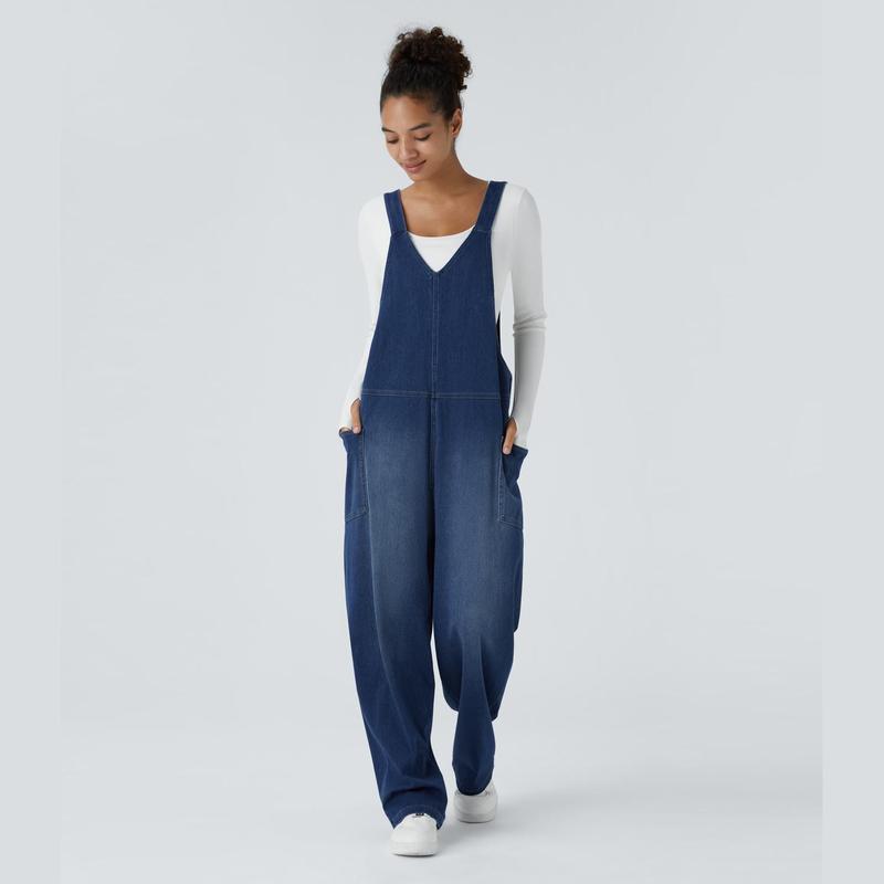 Halara Halara Flex™ V Neck Side Pocket Washed Stretchy Knit Denim Casual Overalls