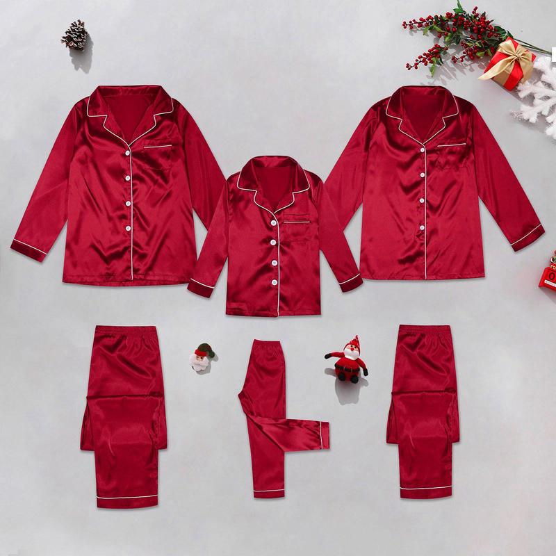 Satin Silk Family Matching Pajama Suits Christmas Sleepwear 2 Piece Set Solid Color Button Lapel Long Sleeve Shirts+Casual Pants happy christmas Womenswear