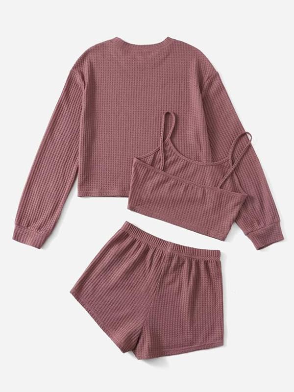 Women's Solid Ribbed Drop Shoulder Lounge Set, Casual Comfy Long Sleeve Top & & Cami Crop Top & Drawstring Waist Shorts Pajama Set, Ladies Sleepwear for All Seasons