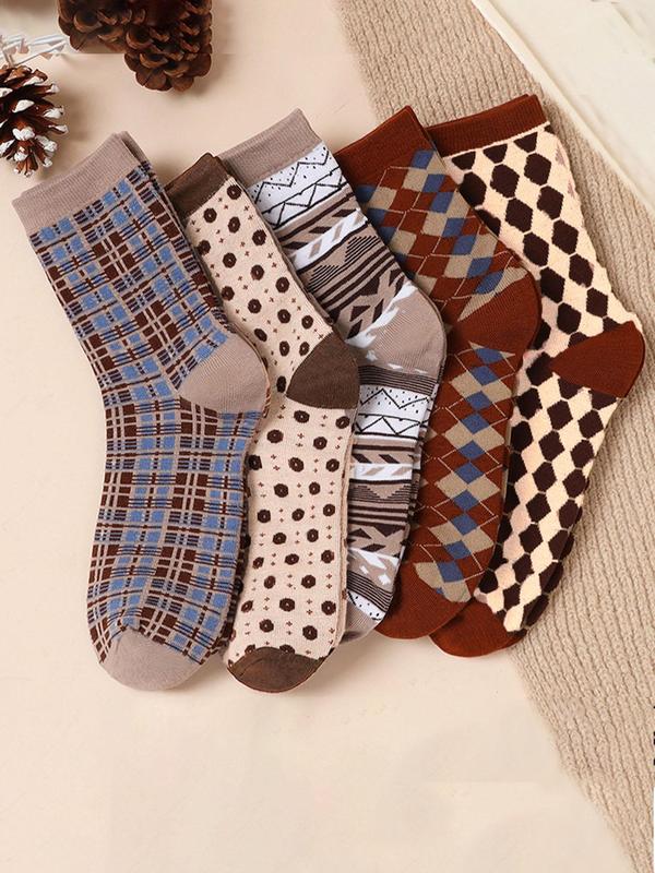 Women's Polka Dot & Plaid Print Mid-calf Socks, Casual Comfy Breathable Socks for Fall & Winter, Women's Socks for Daily Wear