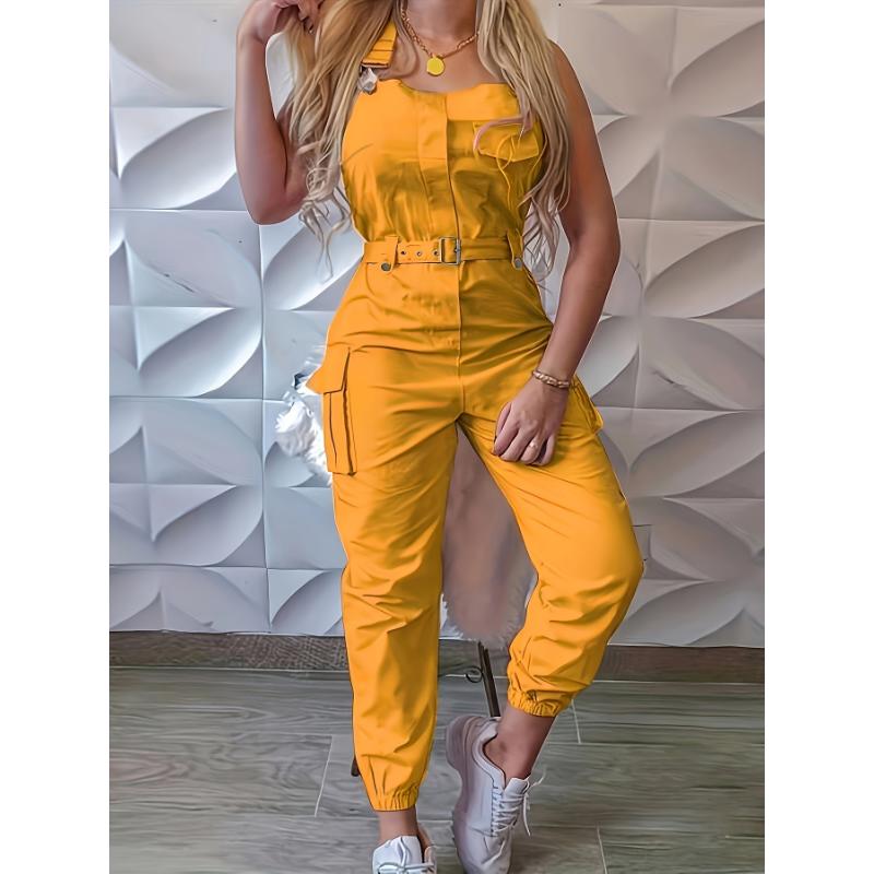 Dongdong shop Flap Pockets Belted Overall Jumpsuit, Casual Overall Jumpsuit For Spring & Summer, Women's Clothing