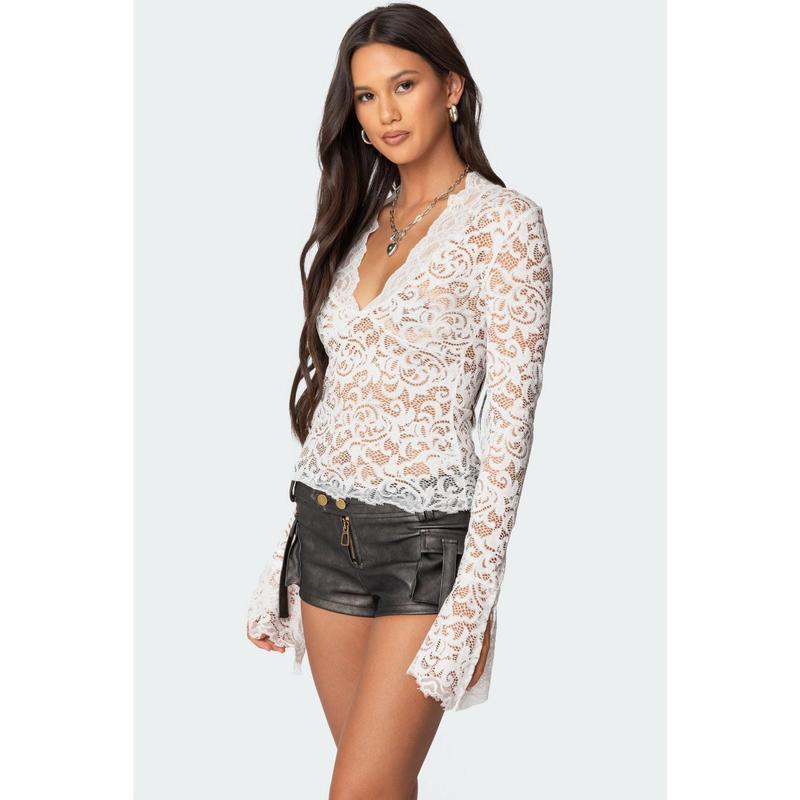 Sheer Lace Bell Sleeve Top