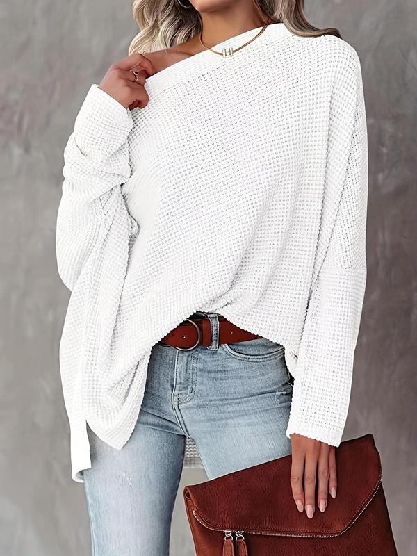 Women's Plain Batwing Sleeve Boat Neck Sweater, Casual Long Sleeve Jumper, Ladies Knit Going Out Tops for Daily Outdoor Wear