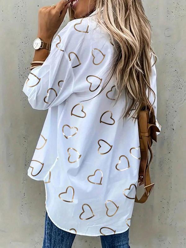 Women's Heart Print Button Front High Low Hem Shirt, Casual Long Sleeve Collared Pocket Top for Daily Wear, Ladies Clothes for All Seasons