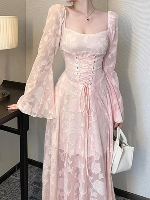 Women's Floral Jacquard Lace Up Tie Back A Line Dress, Elegant Sweetheart Neck Flounce Sleeve Maxi Dress for Party Holiday Wedding Guest, Ladies Fall & Winter Clothes