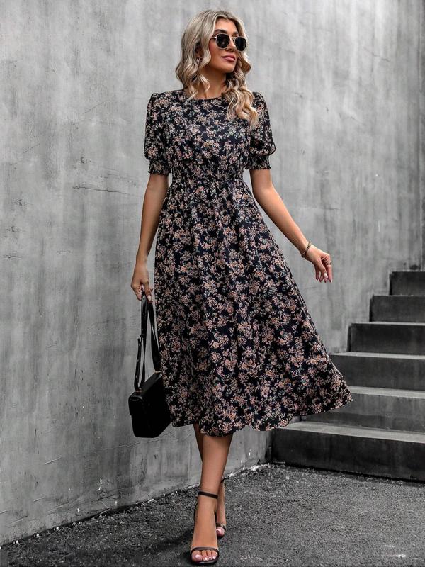 Women's Ditsy Floral Print Frill Trim Shirred Keyhole Back Puff Sleeve Dress, Boho Romantic Short Sleeve Round Neck A Line Midi Dress for Beach Vacation Holiday Wedding Guest, Ladies Summer Clothes