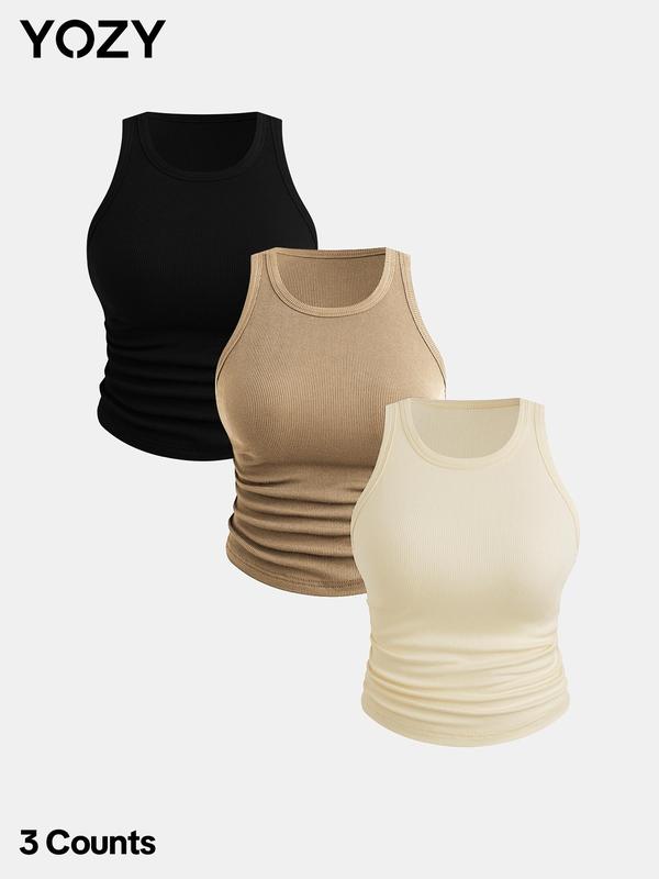 YOZY 3 Counts [6 Colors] Plain Ruched Crop Tank Top  Casual Sleeveless Round Neck Ribbed Cropped Top, Mufti Clothes, 2024 Women's Summer Outfits for Daily Wear