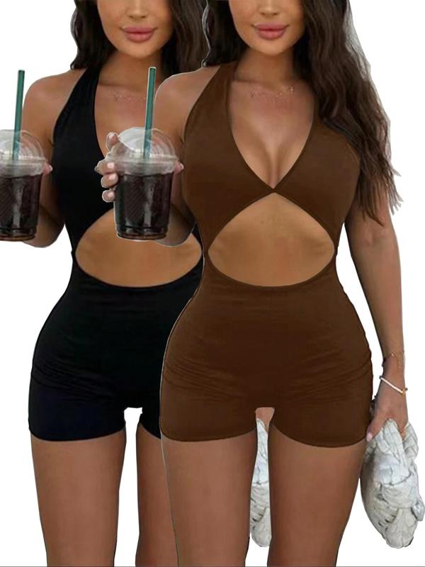 Women's Solid Cut Out Backless Halter Romper, Casual Fashion Sleeveless Skinny Romper for Daily Wear, Ladies Clothes for All Seasons