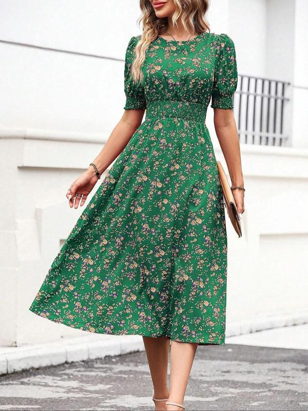 Women's Ditsy Floral Print Frill Trim Shirred Keyhole Back Puff Sleeve Dress, Boho Romantic Short Sleeve Round Neck A Line Midi Dress for Beach Vacation Holiday Wedding Guest, Ladies Summer Clothes