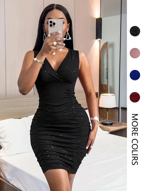 Women's Glitter Ruched Bodycon Dress, Elegant Sleeveless Wrap V Neck Short Dress, Dresses for Summer, Ladies Summer Clothes for Party Club Dating