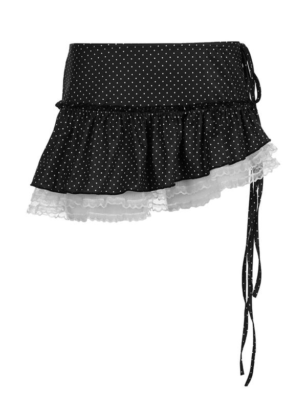 Women's Polka Dot Print Contrast Lace Drawstring A Line Skirt, Asymmetrical Hem Mini Skirt for Summer, Fashion Women's Skirt for Beach Holiday