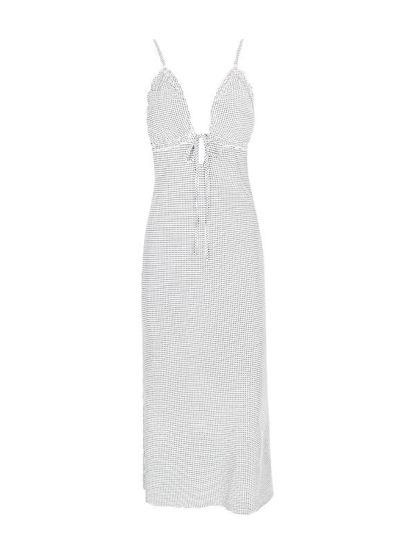 Women's Polka Dot Print Frill Trim Tie Front Cami Dress, Casual Adjustable Strap Zipper Back Midi Dress for Summer, Ladies Clothes for Beach Holiday