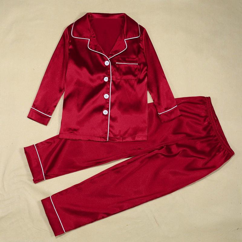 Satin Silk Family Matching Pajama Suits Christmas Sleepwear 2 Piece Set Solid Color Button Lapel Long Sleeve Shirts+Casual Pants happy christmas Womenswear