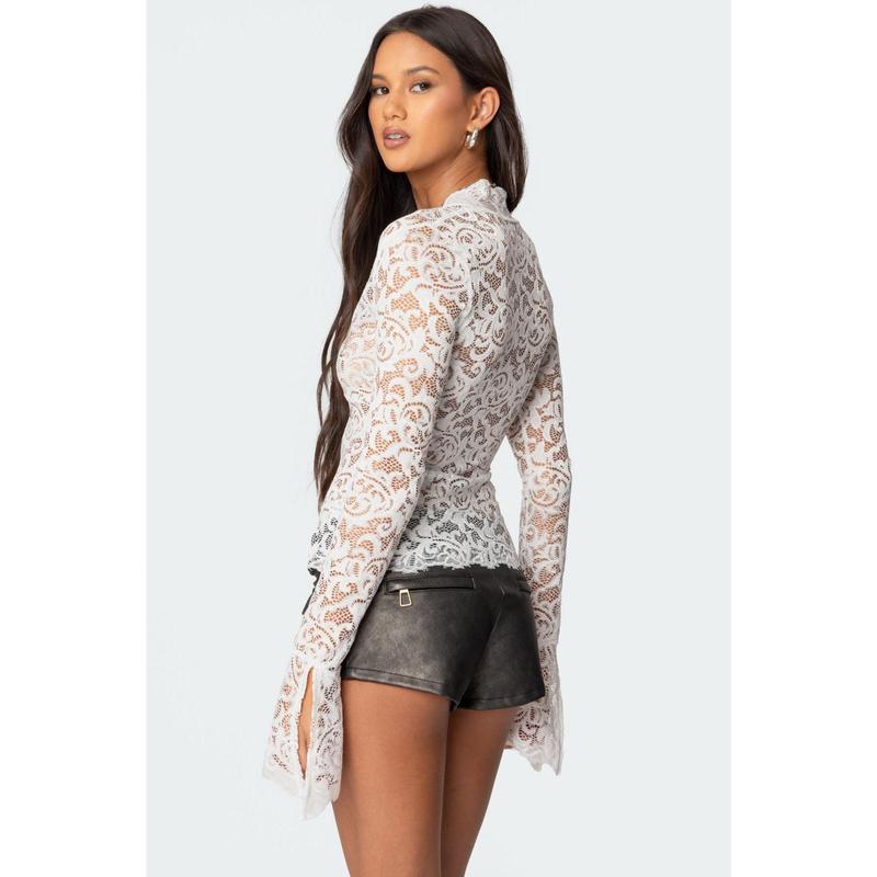 Sheer Lace Bell Sleeve Top