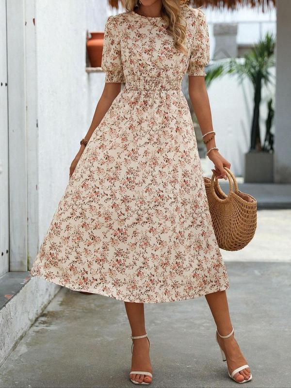 Women's Ditsy Floral Print Frill Trim Shirred Keyhole Back Puff Sleeve Dress, Boho Romantic Short Sleeve Round Neck A Line Midi Dress for Beach Vacation Holiday Wedding Guest, Ladies Summer Clothes