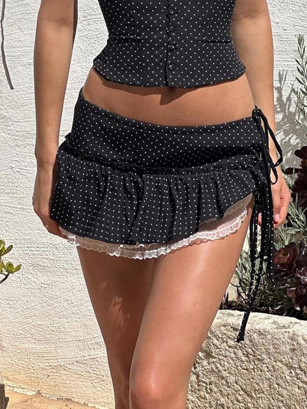 Women's Polka Dot Print Contrast Lace Drawstring A Line Skirt, Asymmetrical Hem Mini Skirt for Summer, Fashion Women's Skirt for Beach Holiday