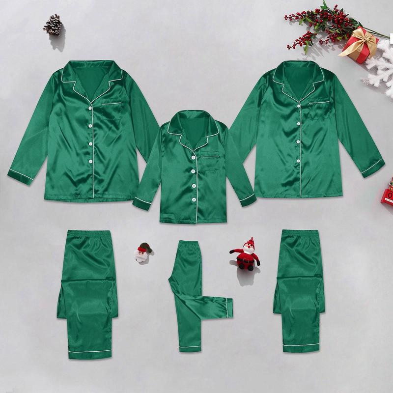 Satin Silk Family Matching Pajama Suits Christmas Sleepwear 2 Piece Set Solid Color Button Lapel Long Sleeve Shirts+Casual Pants happy christmas Womenswear