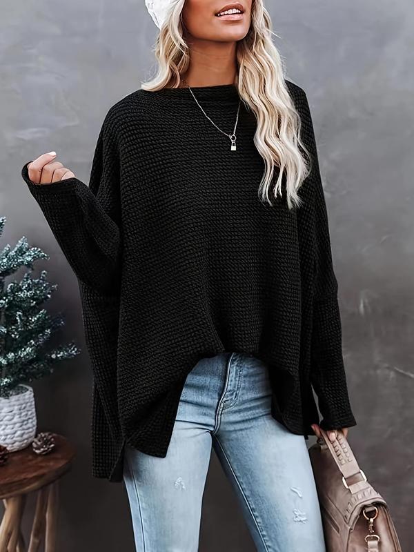 Women's Plain Batwing Sleeve Boat Neck Sweater, Casual Long Sleeve Jumper, Ladies Knit Going Out Tops for Daily Outdoor Wear