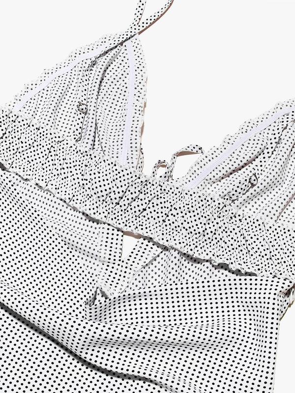 Women's Polka Dot Print Frill Trim Tie Front Cami Dress, Casual Adjustable Strap Zipper Back Midi Dress for Summer, Ladies Clothes for Beach Holiday