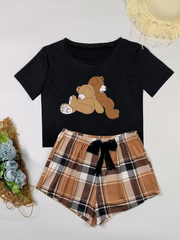 Women's Plus Size Cartoon Bear & Plaid Print Pyjama Set, Casual Short Sleeve T-shirt & Bow Decor Shorts PJ Set, Ladies Sleepwear for Summer