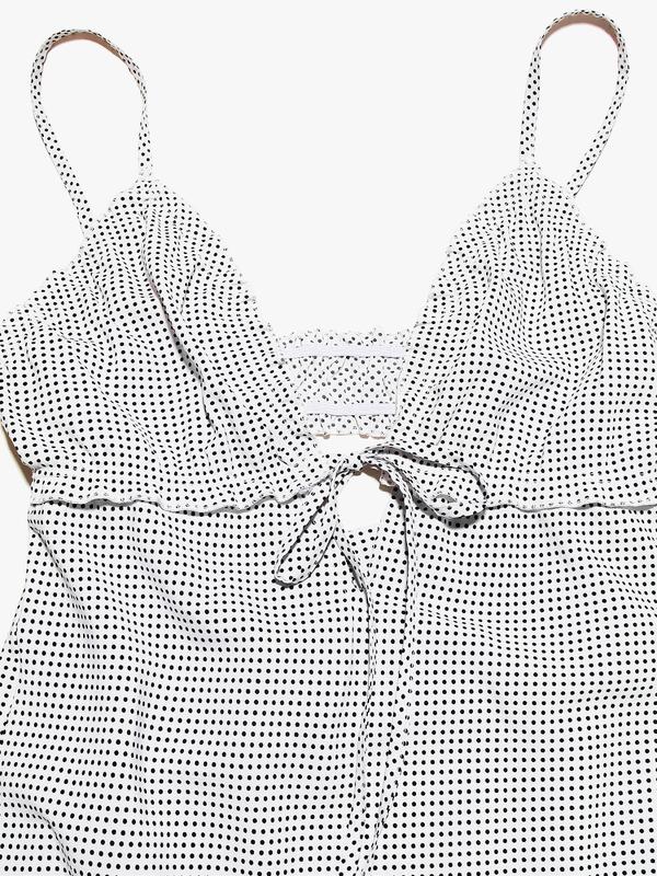 Women's Polka Dot Print Frill Trim Tie Front Cami Dress, Casual Adjustable Strap Zipper Back Midi Dress for Summer, Ladies Clothes for Beach Holiday