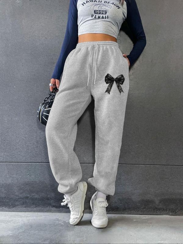 Women's Bow Print Drawstring Waist Sweatpants, Casual Comfy Jogger Pants for Fall & Winter, Women's Trousers for Daily Wear