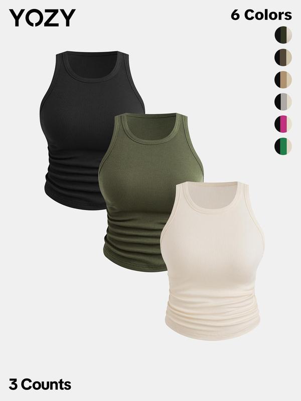 YOZY 3 Counts [6 Colors] Plain Ruched Crop Tank Top  Casual Sleeveless Round Neck Ribbed Cropped Top, Mufti Clothes, 2024 Women's Summer Outfits for Daily Wear