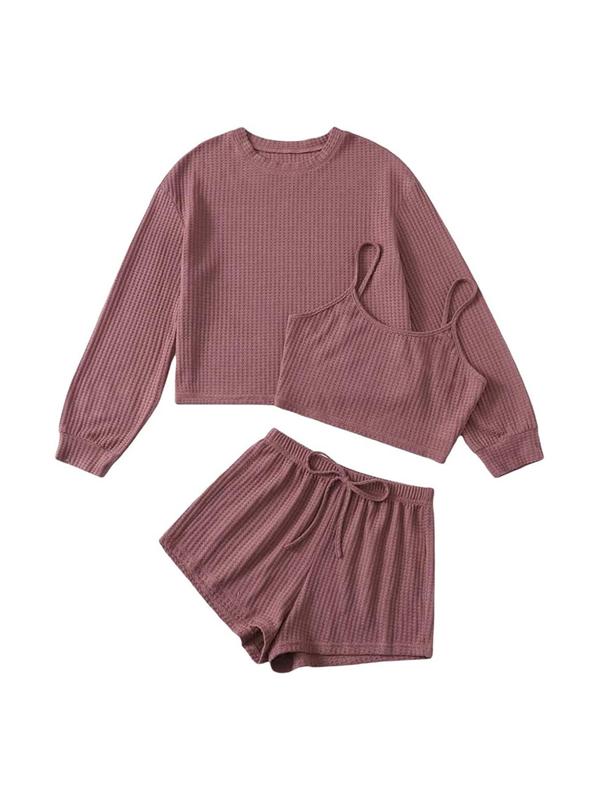 Women's Solid Ribbed Drop Shoulder Lounge Set, Casual Comfy Long Sleeve Top & & Cami Crop Top & Drawstring Waist Shorts Pajama Set, Ladies Sleepwear for All Seasons