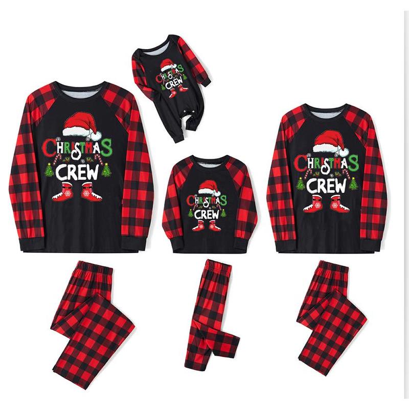 Family Matching Christmas Pajamas, Baby Romper Letter Christmas Hat Print Long Sleeve Tops + Plaid Pants Sleepwear Set