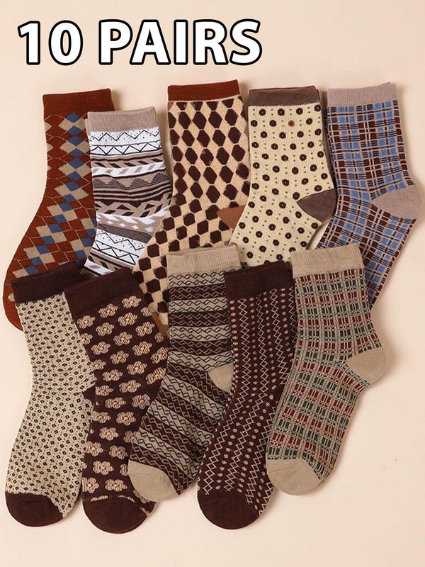 Women's Polka Dot & Plaid Print Mid-calf Socks, Casual Comfy Breathable Socks for Fall & Winter, Women's Socks for Daily Wear