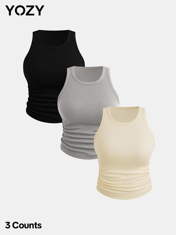 YOZY 3 Counts [6 Colors] Plain Ruched Crop Tank Top  Casual Sleeveless Round Neck Ribbed Cropped Top, Mufti Clothes, 2024 Women's Summer Outfits for Daily Wear