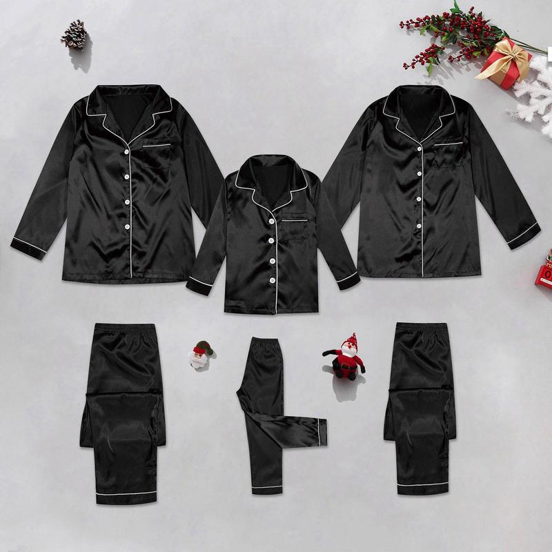 Satin Silk Family Matching Pajama Suits Christmas Sleepwear 2 Piece Set Solid Color Button Lapel Long Sleeve Shirts+Casual Pants happy christmas Womenswear