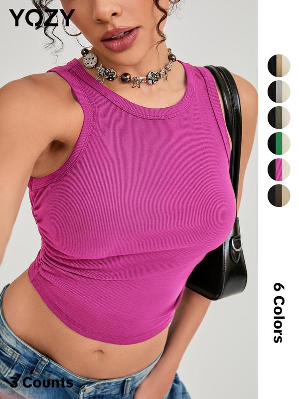 YOZY 3 Counts [6 Colors] Plain Ruched Crop Tank Top  Casual Sleeveless Round Neck Ribbed Cropped Top, Mufti Clothes, 2024 Women's Summer Outfits for Daily Wear